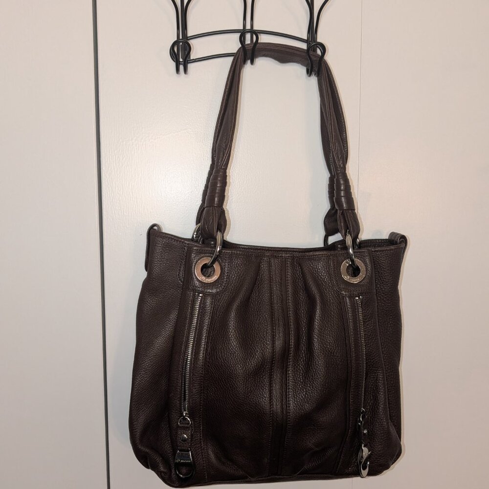 B Makowsky Brown Pebbled Leather Large Hobo Shoulder Bag Purse Silver Hardware